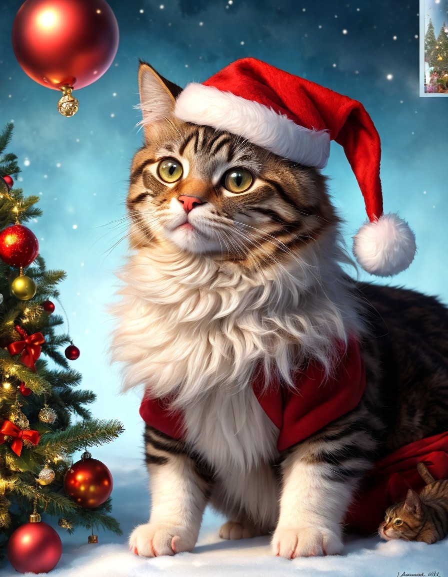 Fluffy cat in Santa hat beside Christmas tree with mouse