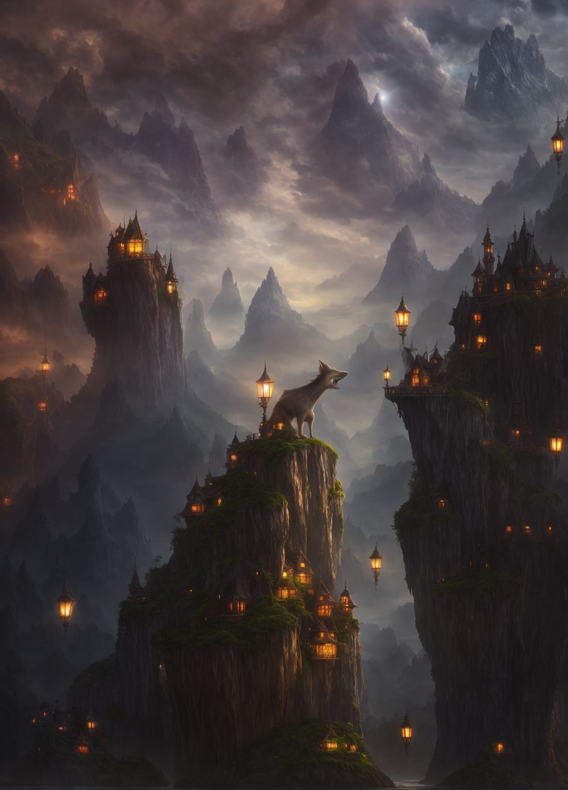 Mythical landscape with towering cliffs and illuminated castles
