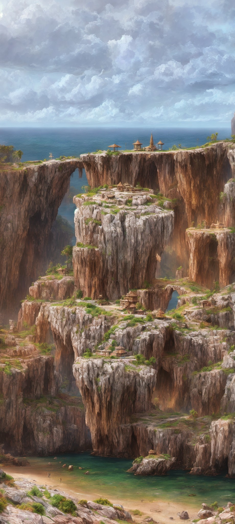 Majestic fantasy landscape with rock formations, waterfalls, castle, ocean, and cloudy sky