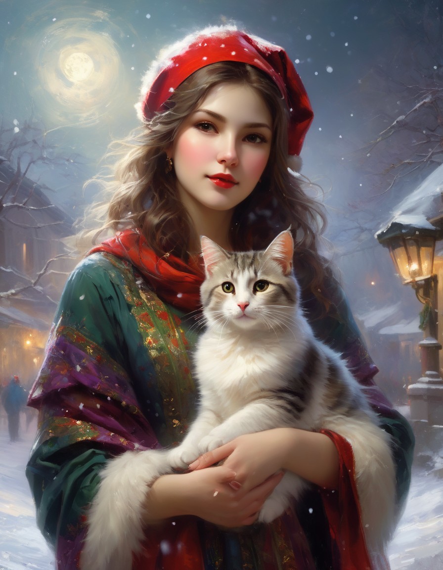 Woman in festive red hat and shawl holding white and grey cat in snowy street scene.