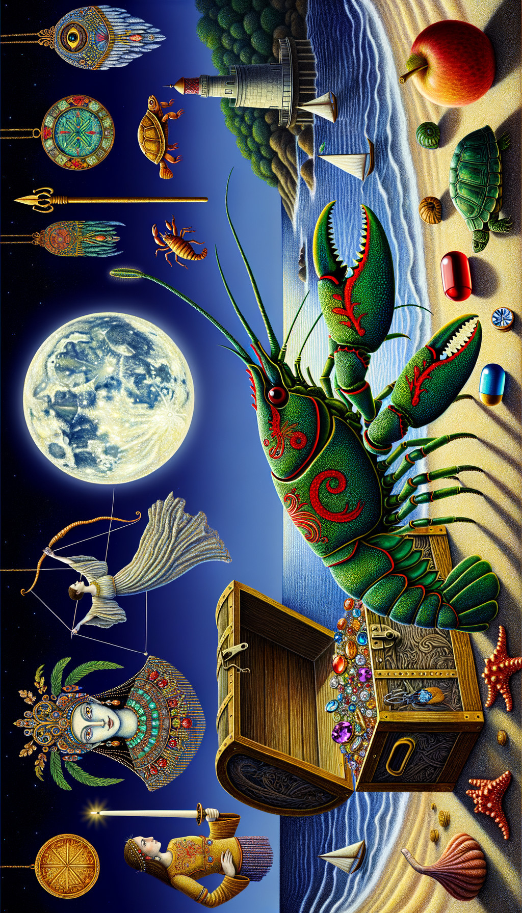 Surreal Beach Scene with Moon and Vibrant Lobster