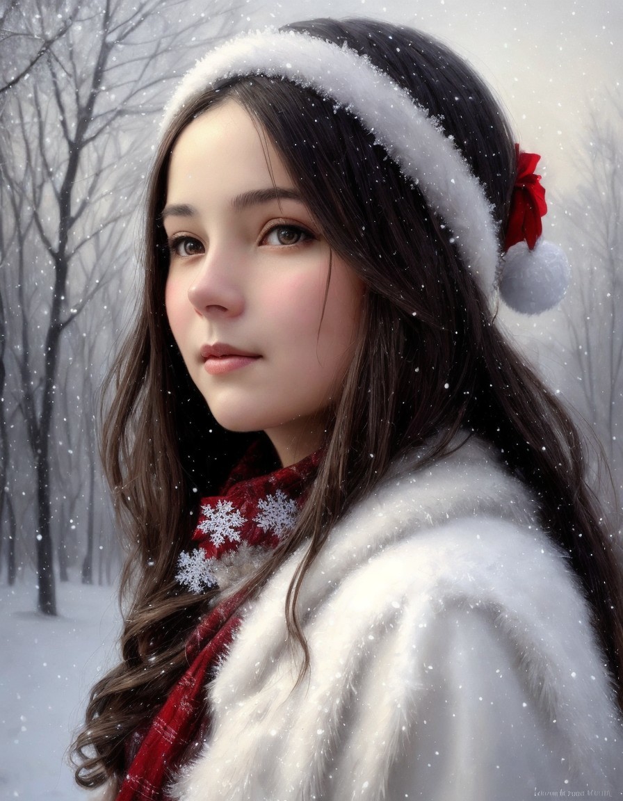 Young woman in white coat with red flower in snowy forest
