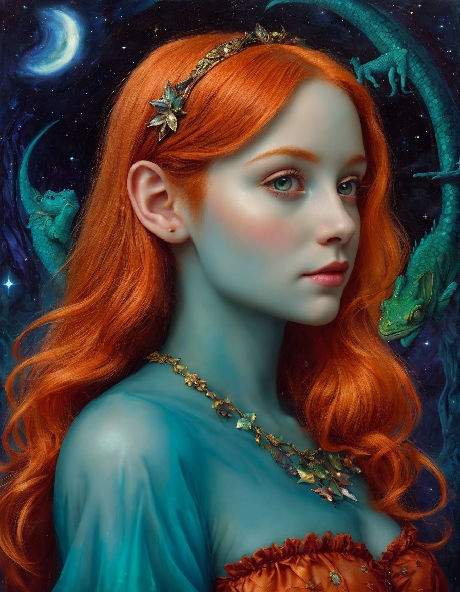 Red-haired woman with golden foliage and green lizards in whimsical space