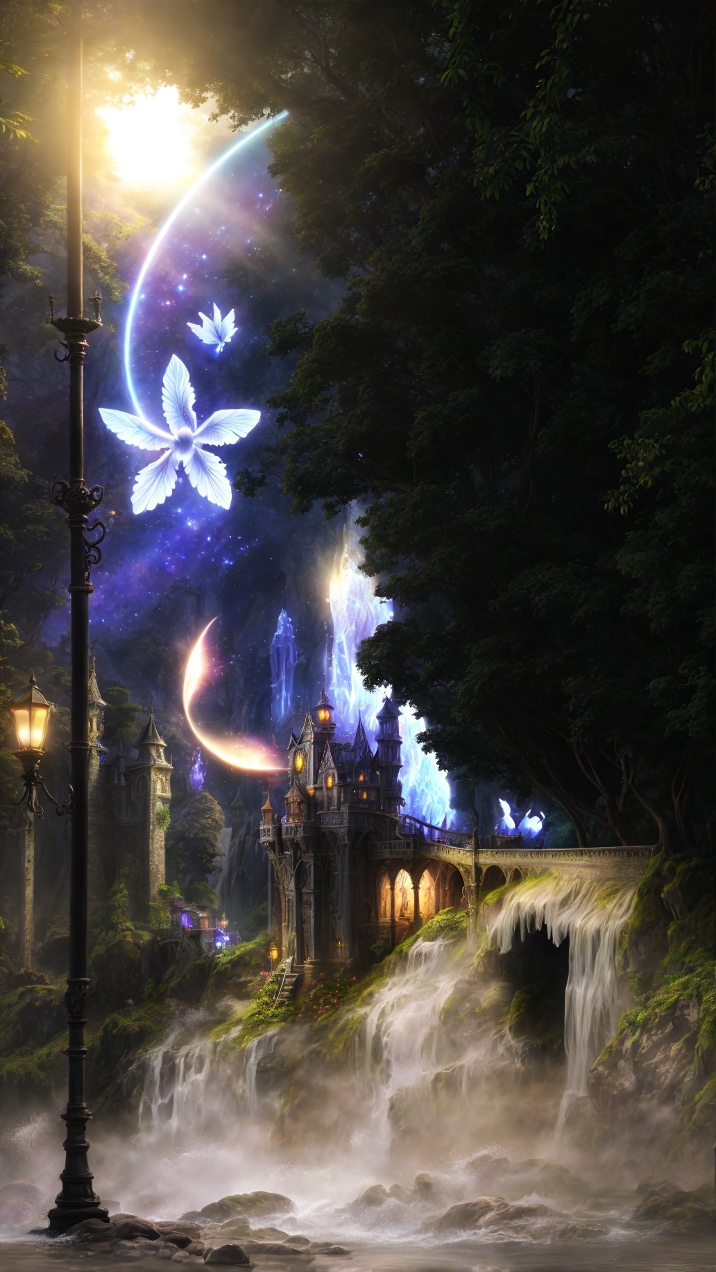 Fantasy scene with illuminated street lamp, waterfalls, old castle, magical sky, crescent moon