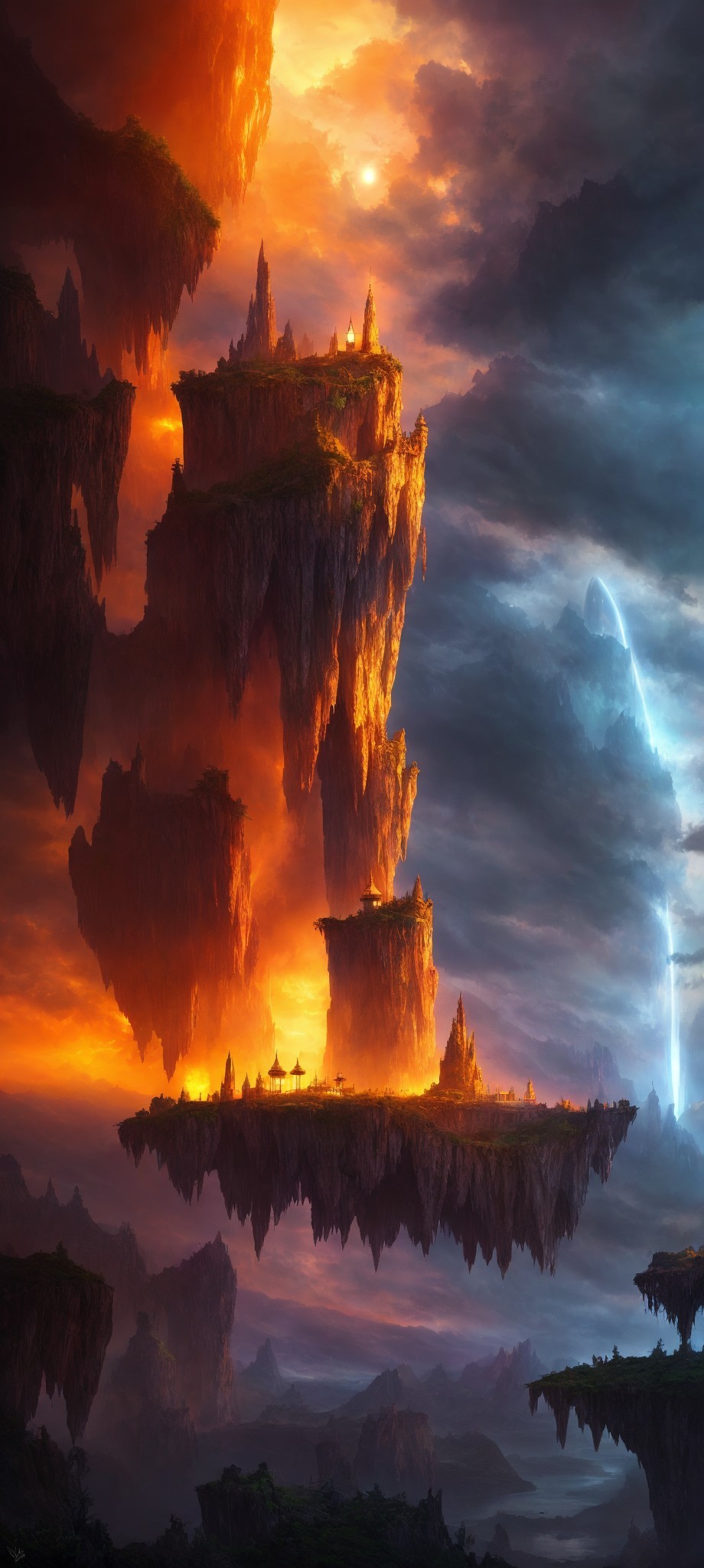 Fantastical landscape with floating islands and palaces at sunset