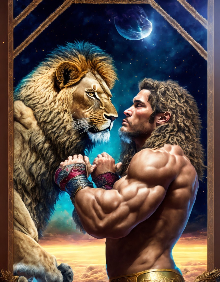 Muscular man locks eyes with lion in cosmic setting.