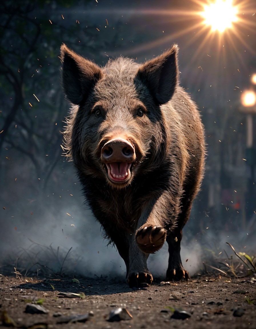 Wild Boar Running in Mist with Halo Effect