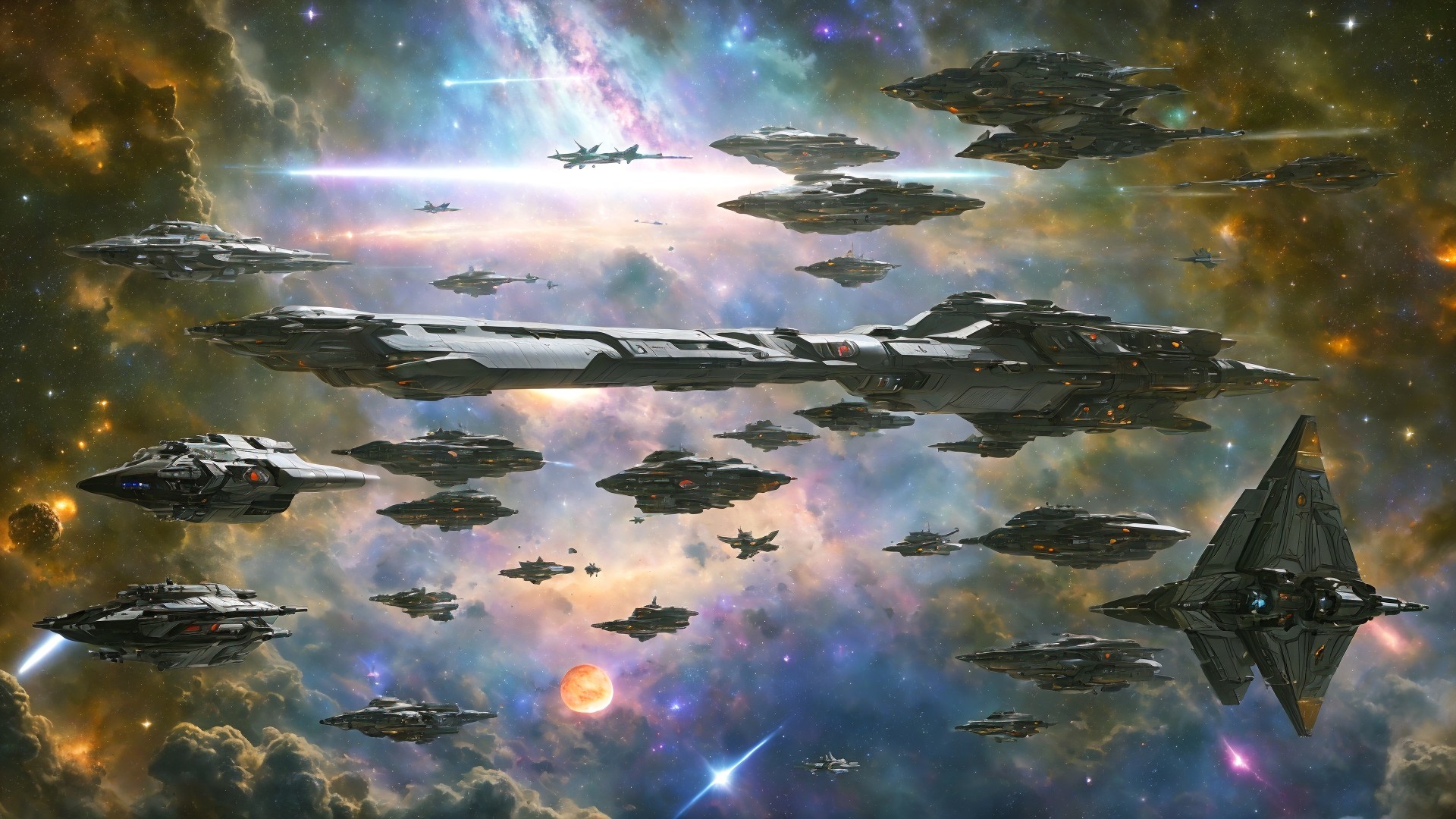 Futuristic spaceships in starry cosmos with nebulae and fighter craft
