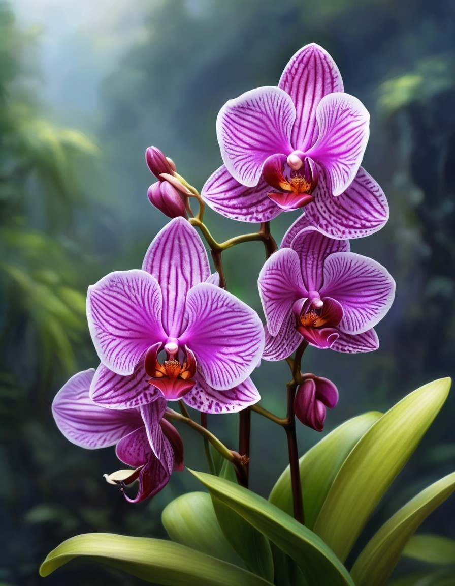 Purple orchids in intricate patterns against misty forest backdrop