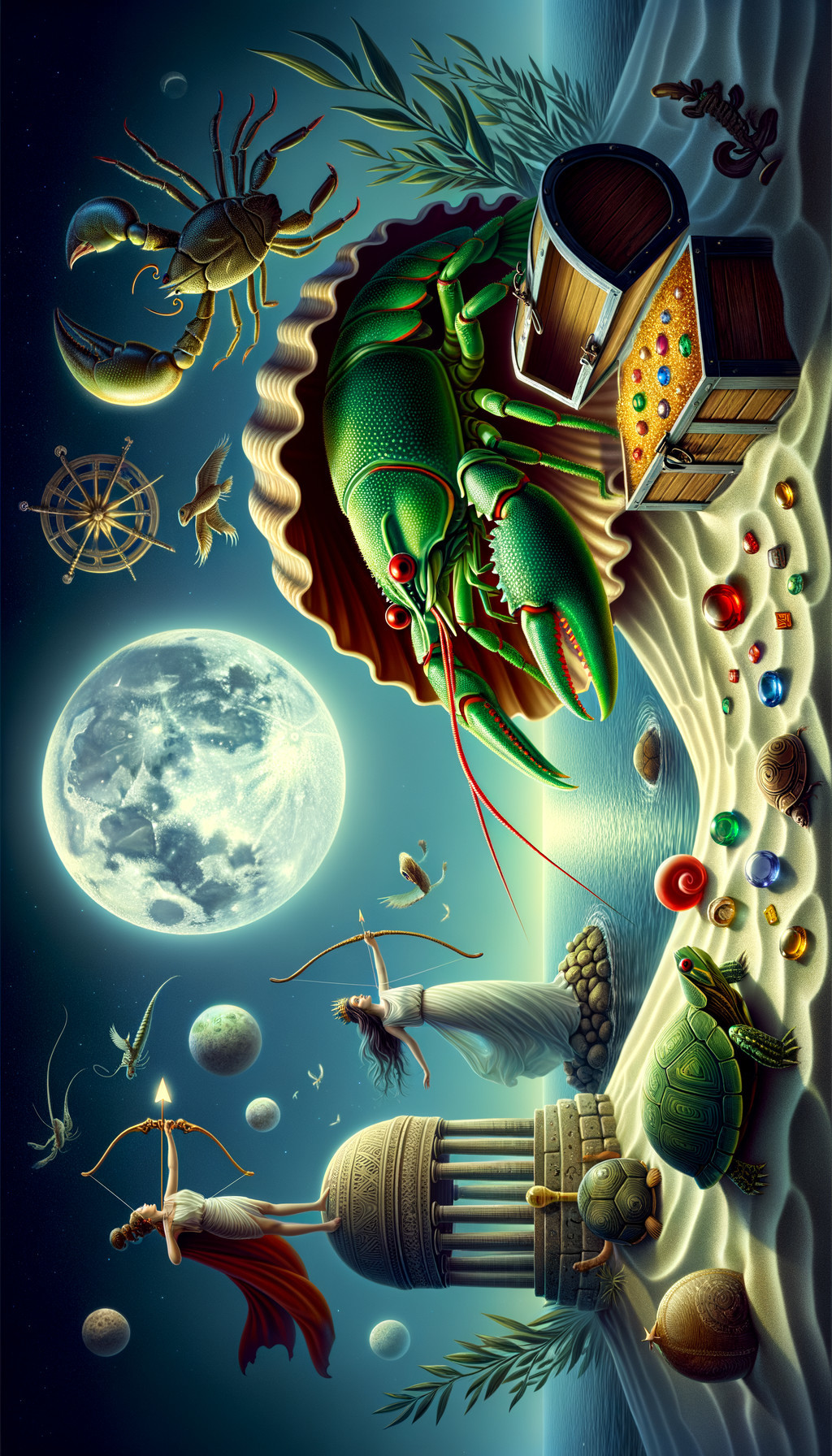 Whimsical Beach Scene with Moon, Lobster, and Treasures