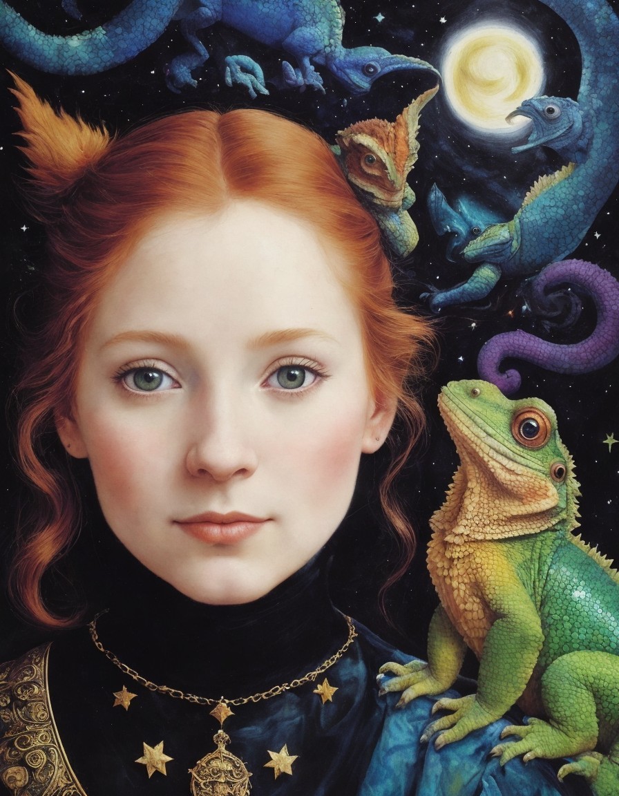 Red-haired woman surrounded by chameleons under starry sky crescent moon