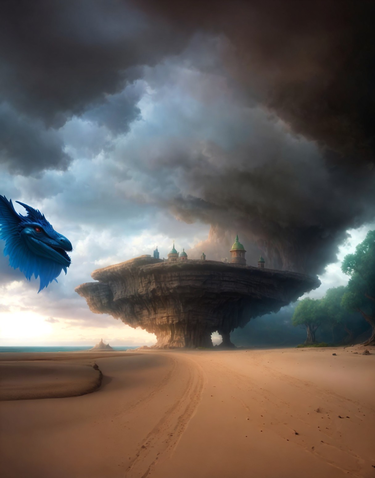 Floating island above sandy beach with blue dragon in dramatic sky