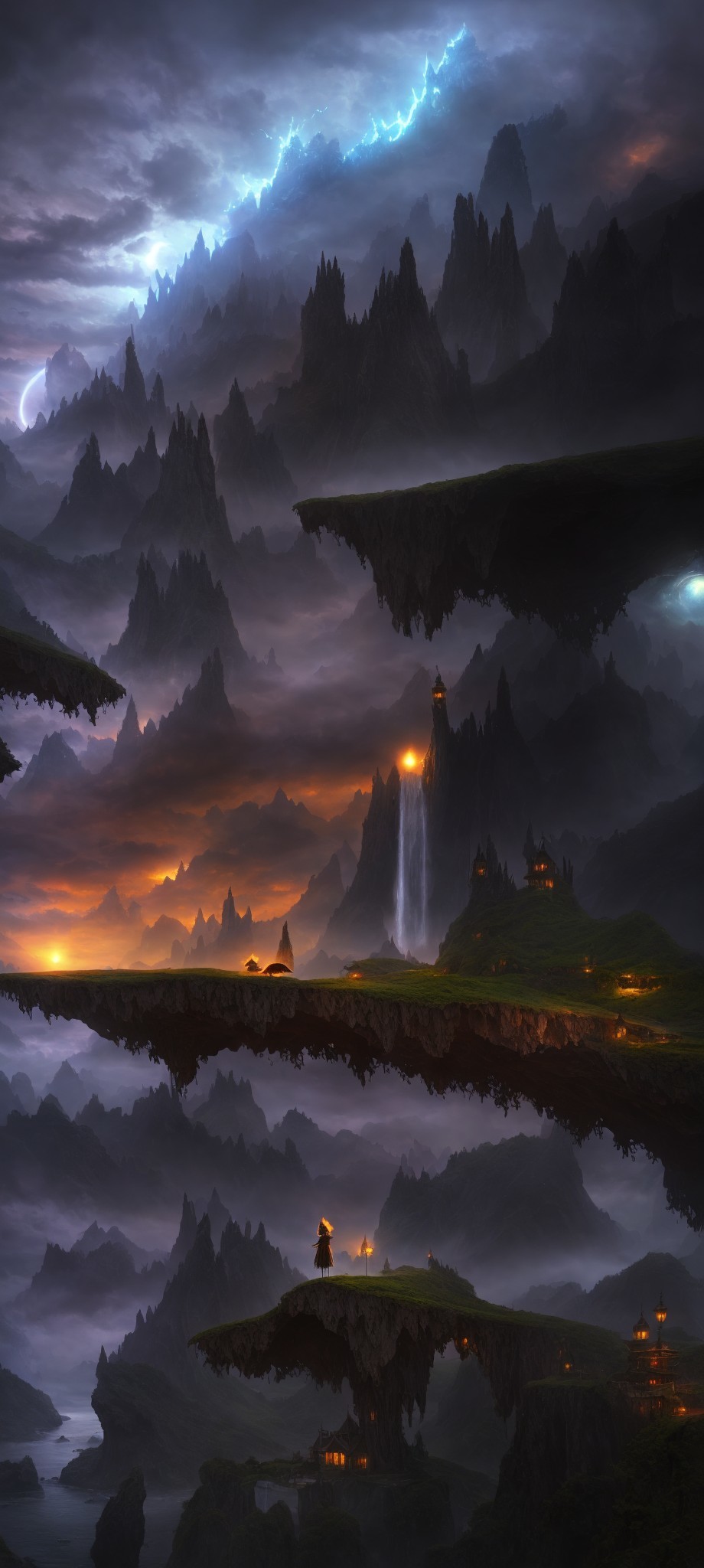 Fantastical landscape with floating islands, waterfalls, lantern-lit figure & vibrant sky