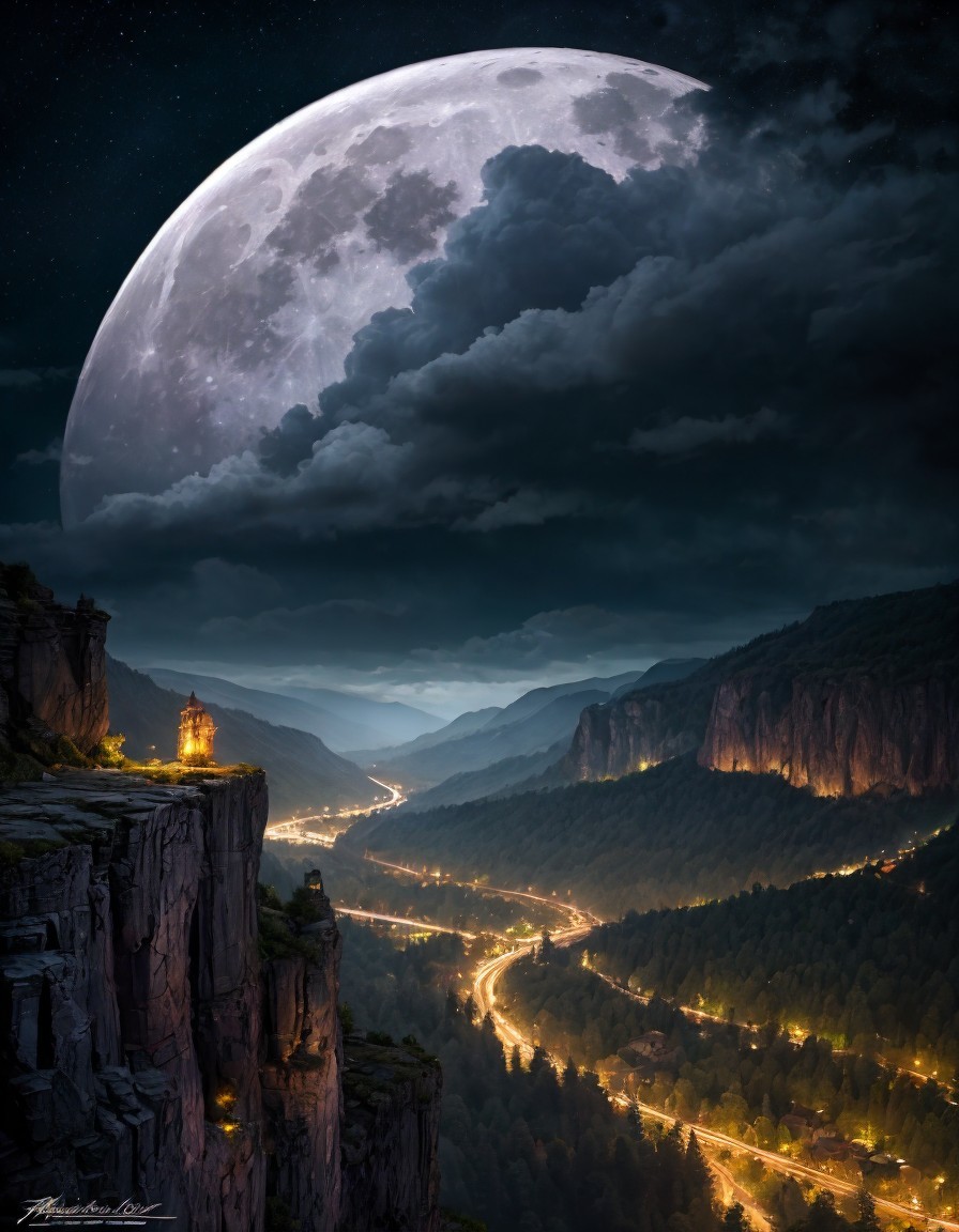 Dramatic Nightscape with Full Moon and Winding Road