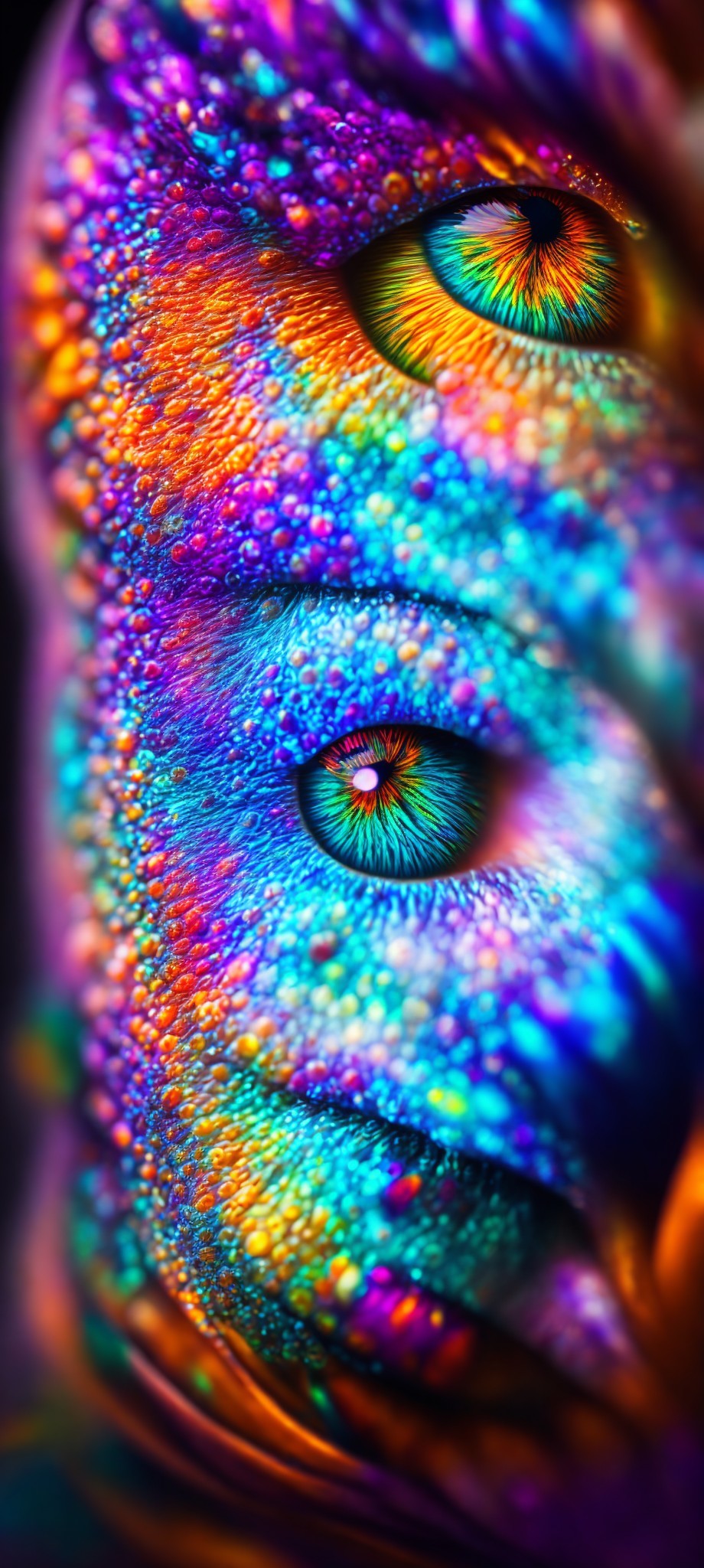 Close-up of face with iridescent multicolored skin and vibrant green-blue eyes