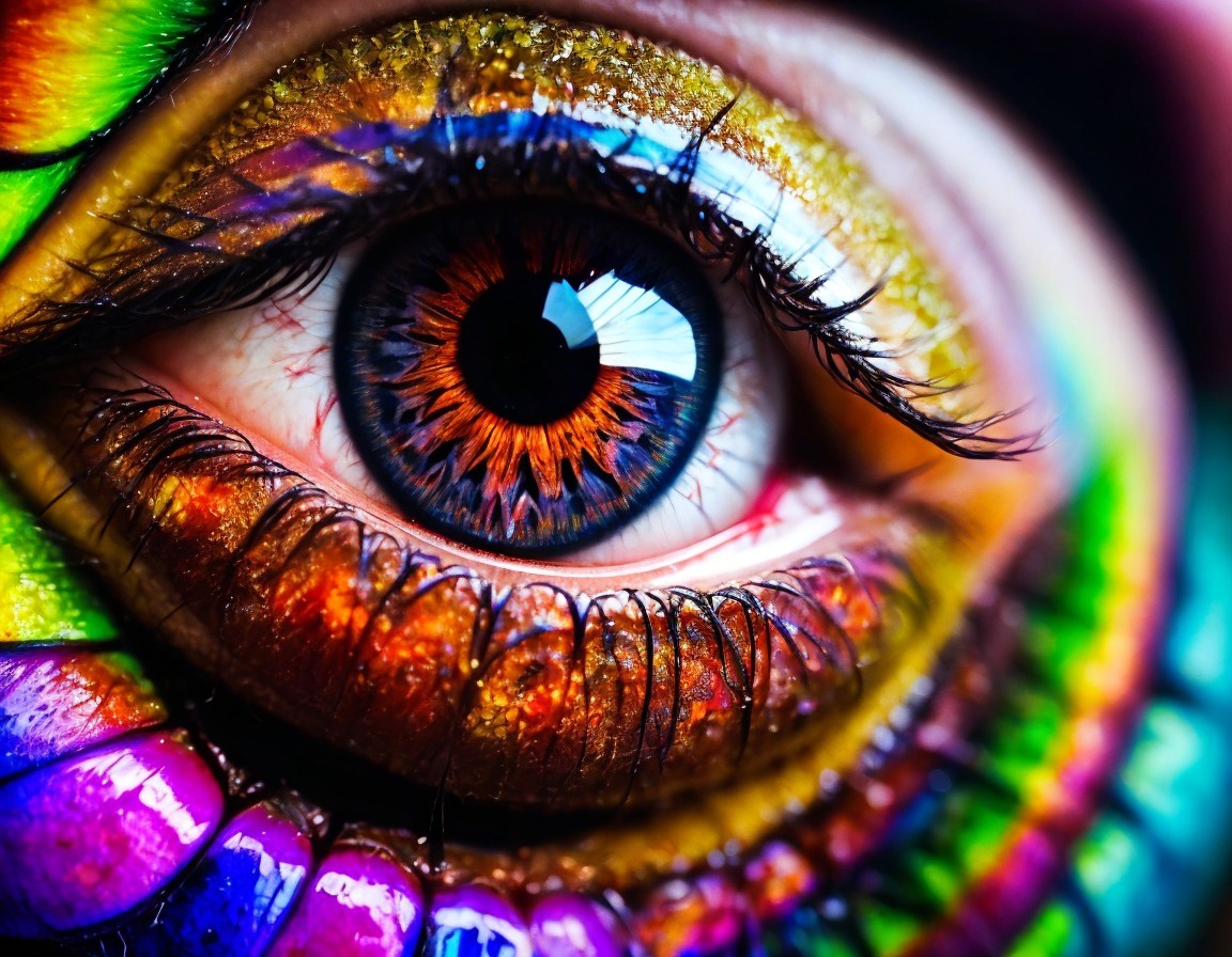 Colorful, intricate eye makeup with vibrant eyeshadow and detailed eyelashes.