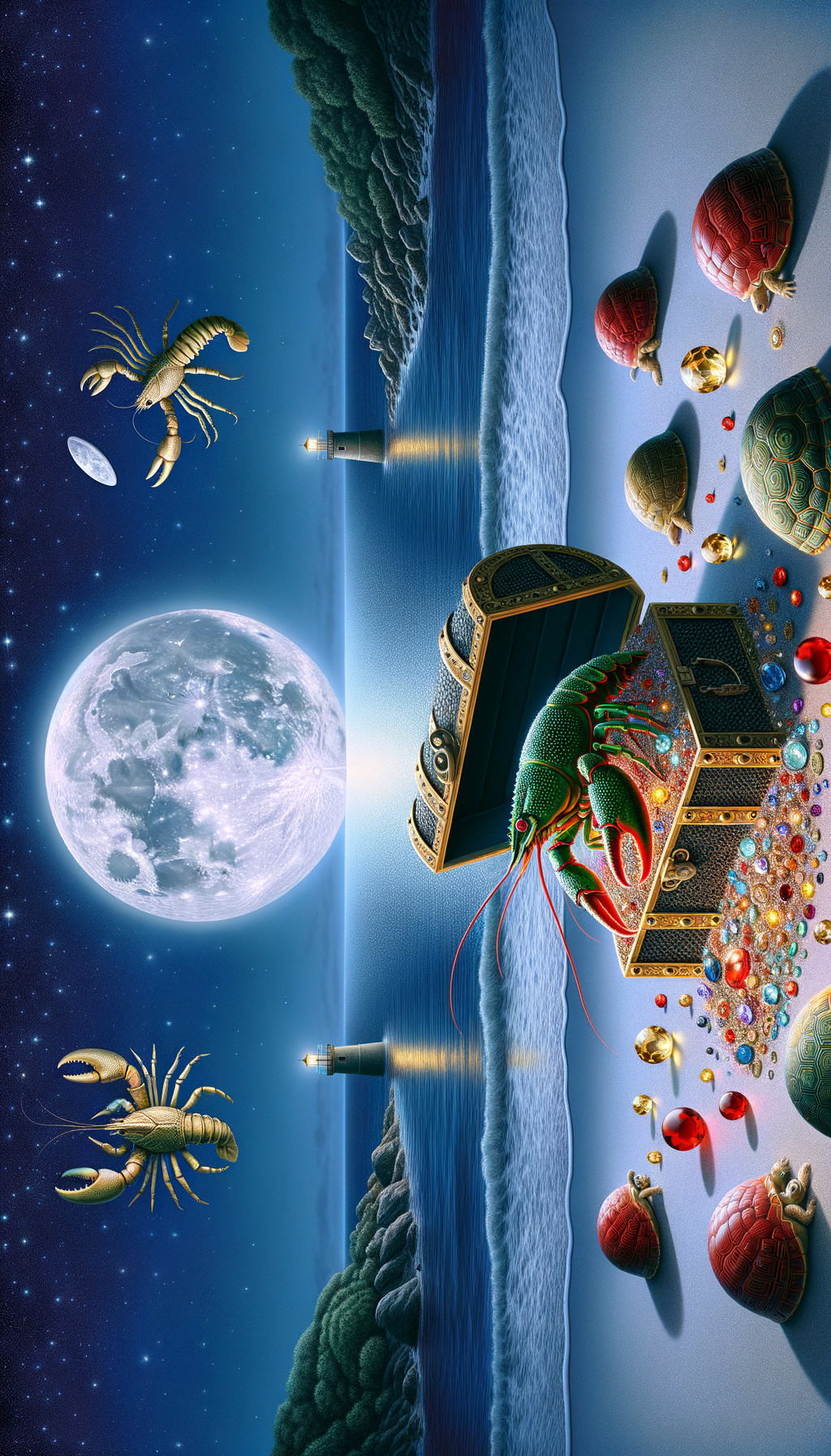Surreal Landscape with Gems, Lobsters, and Sea Turtles
