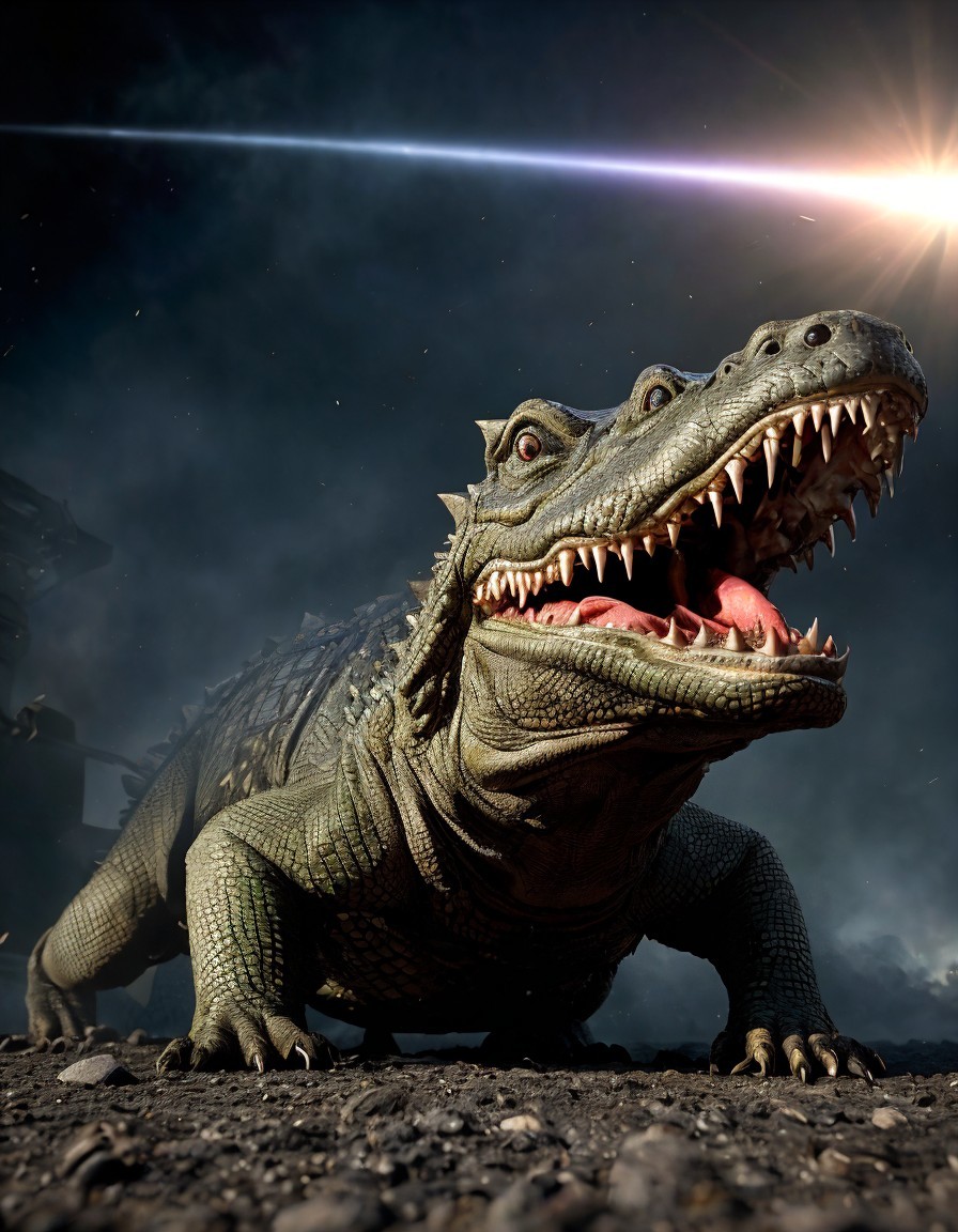 Photorealistic Alligator Displaying Teeth in Dark Setting