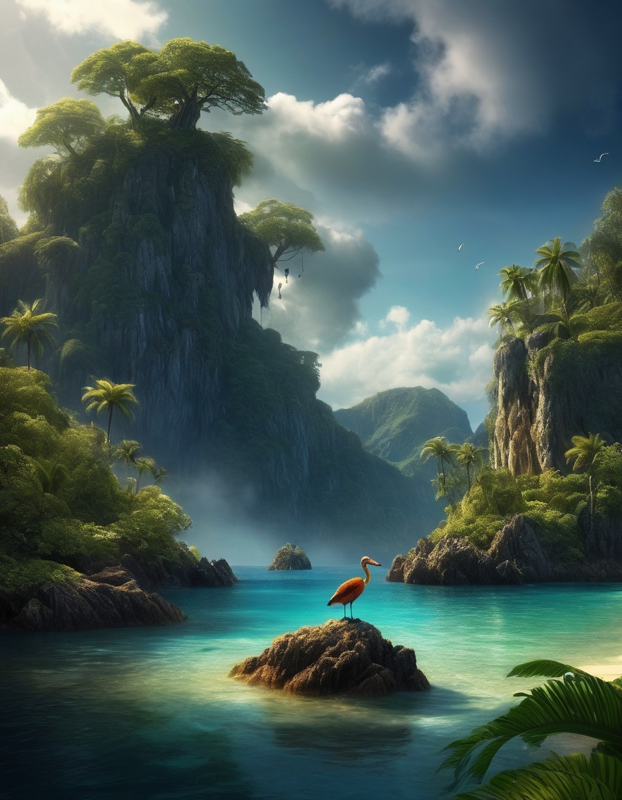 Tranquil tropical lagoon with flamingo, lush cliffs, and misty sky