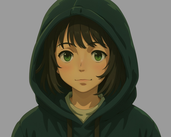 Young figure in dark hoodie with bright green eyes