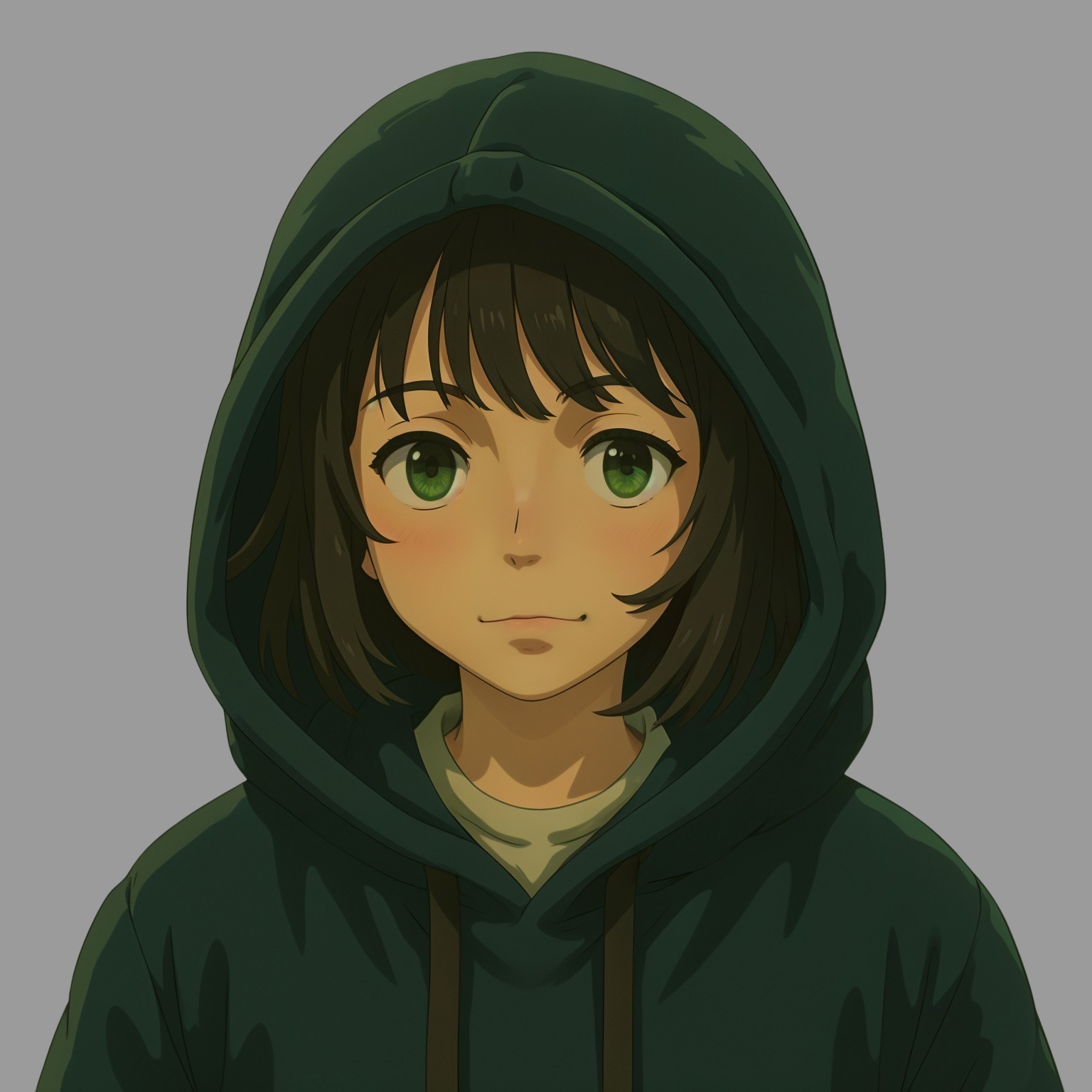 Young figure in dark hoodie with bright green eyes