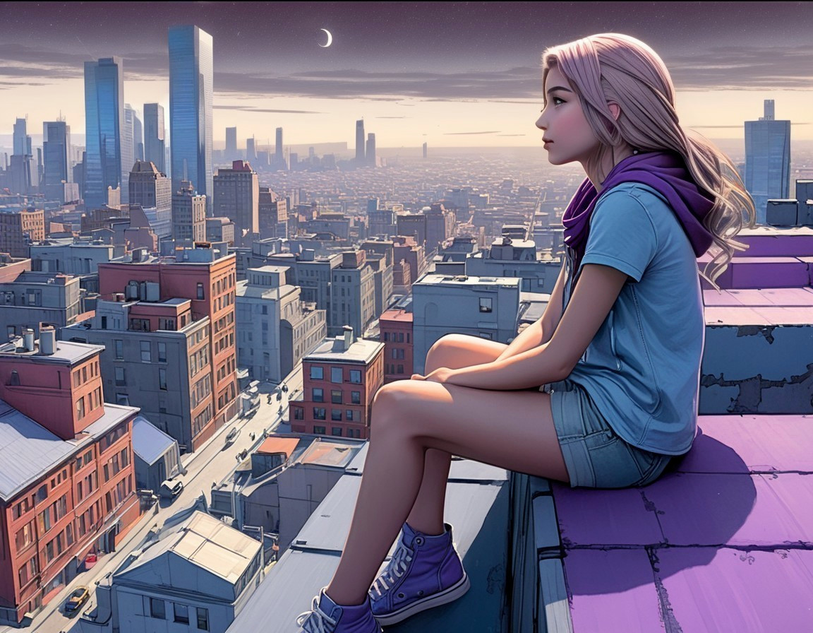 Young girl on colorful rooftop at twilight cityscape