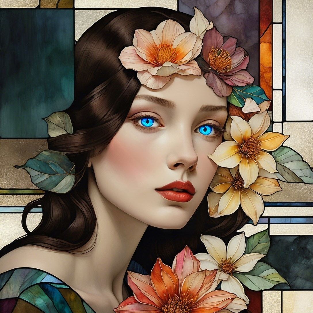 Portrait of a woman with flowers and stained glass backdrop