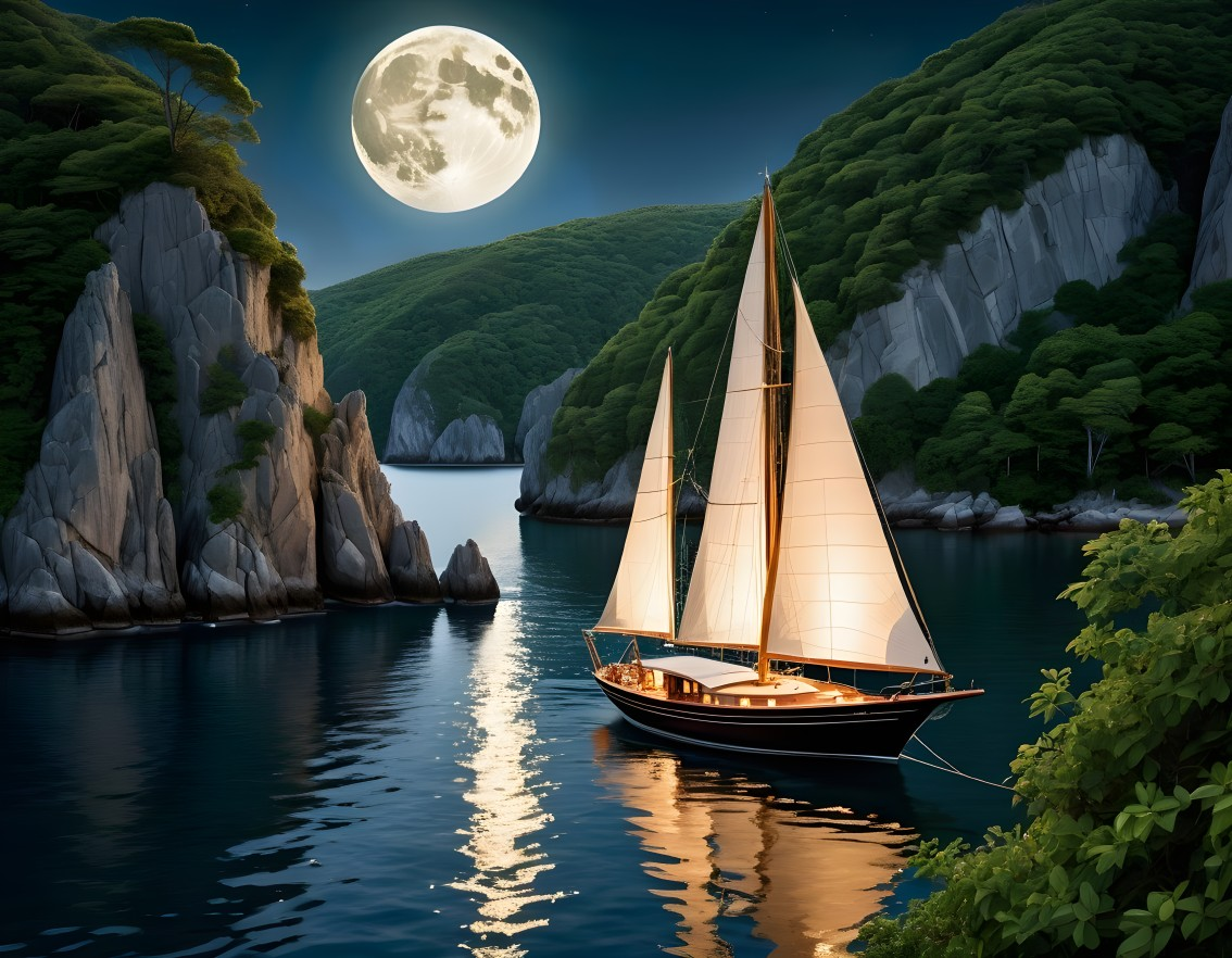 Serene Nighttime Sailboat Scene in Calm Waters