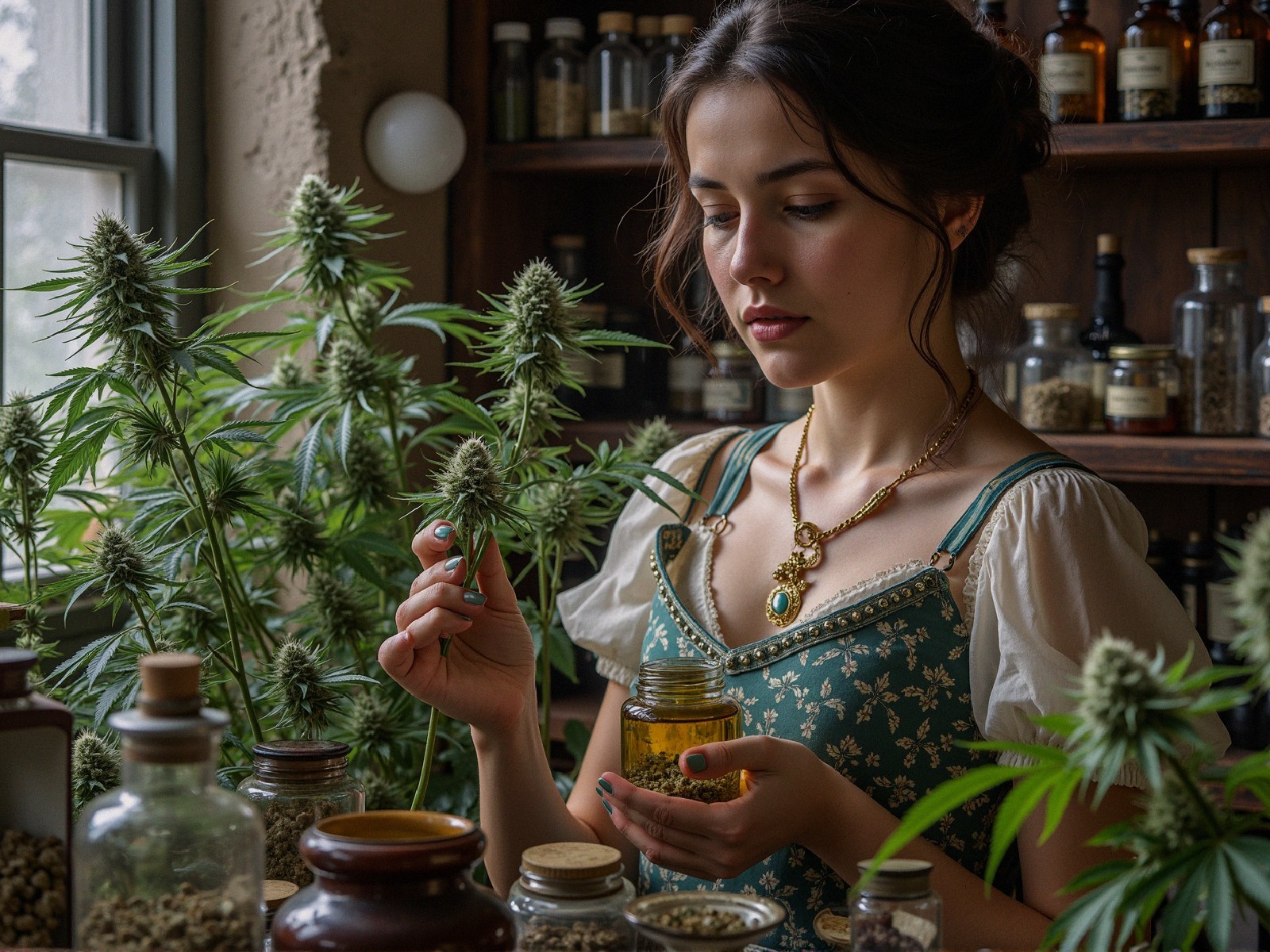 Young Woman in Vintage Dress in Herbalist's Room