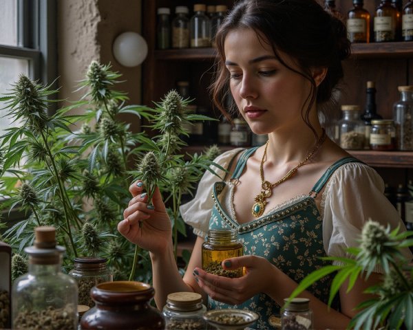 Young Woman in Vintage Dress in Herbalist's Room