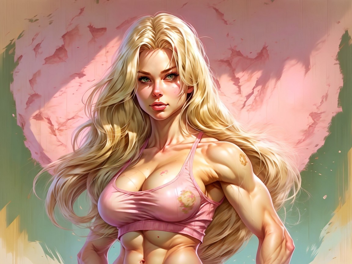 Muscular Woman in Pink Crop Top with Pastel Background