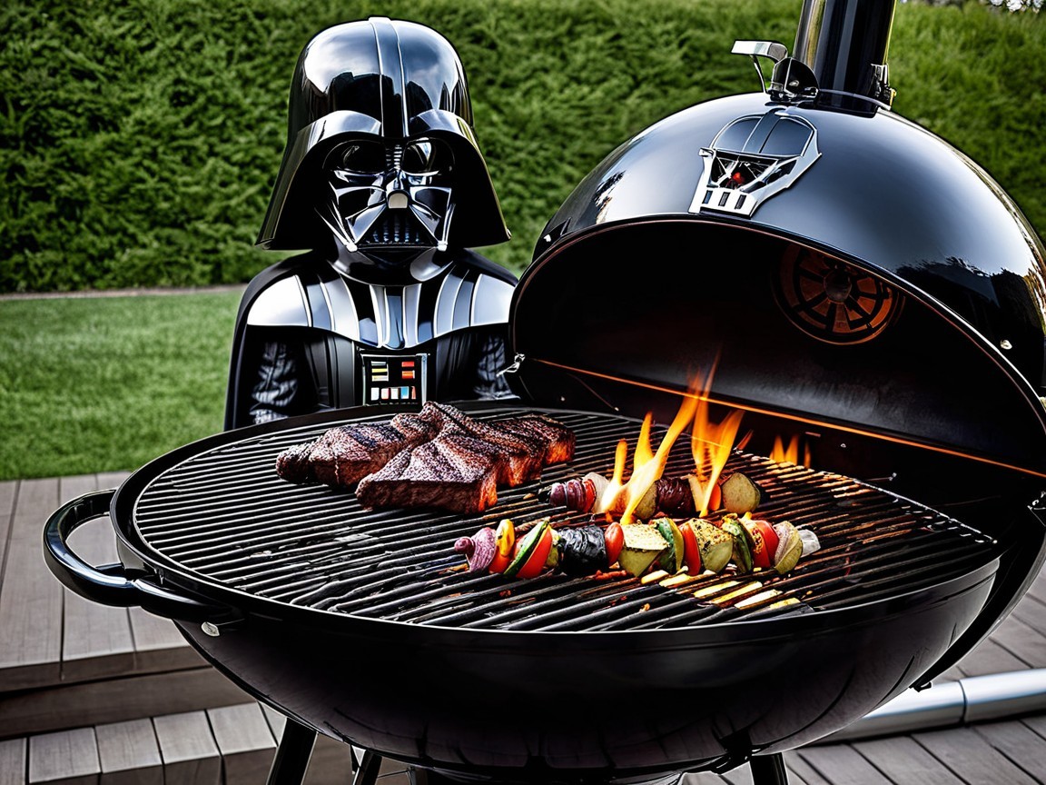 Outdoor Grill with Steaks and Sci-Fi Figure Display