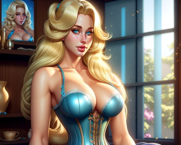 Glamorous Woman in Blue Corset with Elegant Decor