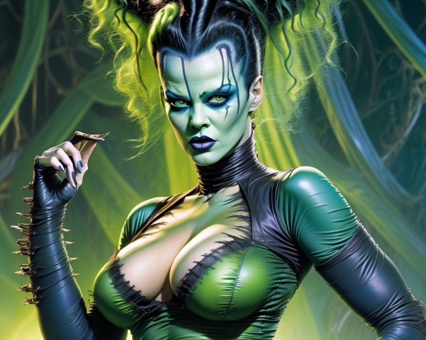 Vibrant Green-Skinned Figure in Eerie Atmosphere