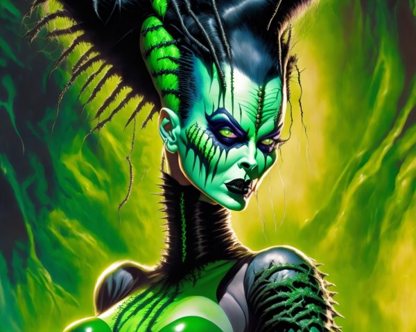 Vibrant Green-Skinned Character with Gothic Futuristic Style