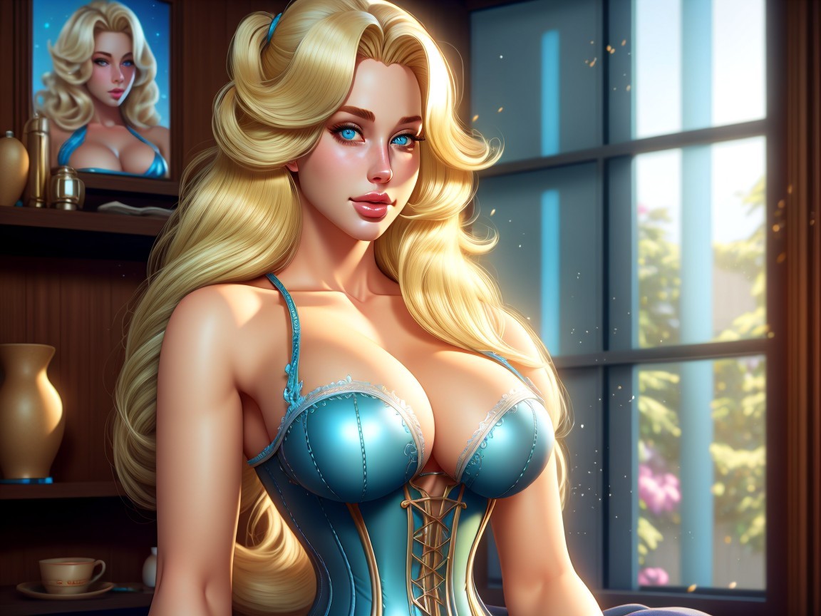 Glamorous Woman in Blue Corset with Elegant Decor