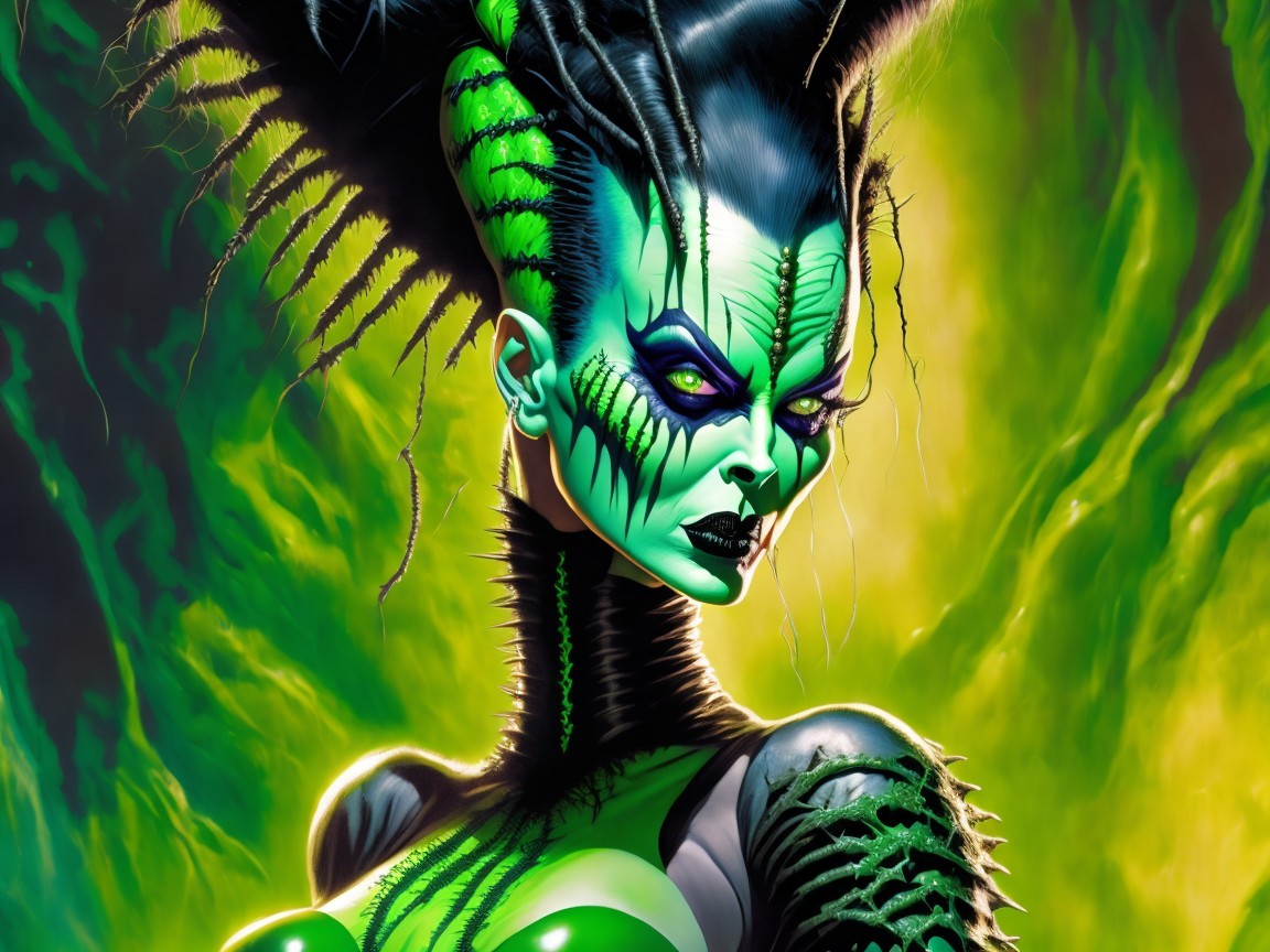 Vibrant Green-Skinned Character with Gothic Futuristic Style