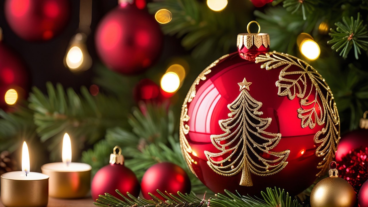 Close-Up of Red Christmas Ornament with Gold Details