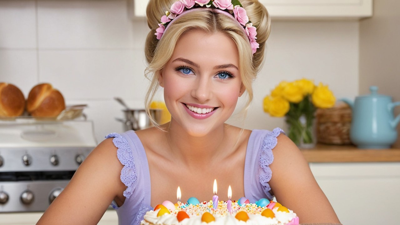 Cheerful woman with birthday cake in bright kitchen