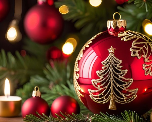 Close-Up of Red Christmas Ornament with Gold Details
