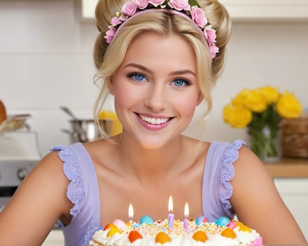 Cheerful woman with birthday cake in bright kitchen