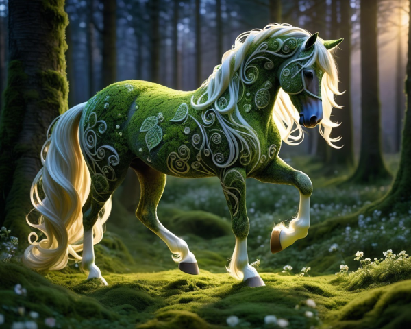 Serene Forest Scene with Enchanted Horse and Nature