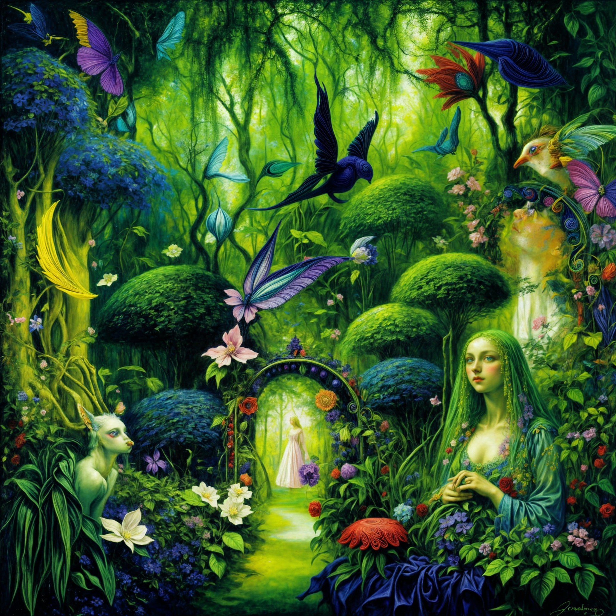 Enchanted forest with vibrant flora and serene figure