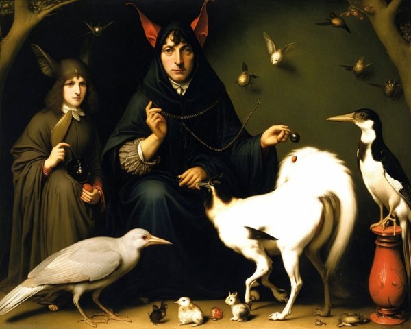 Mystical Scene with Dark-Robed Figure and Animals
