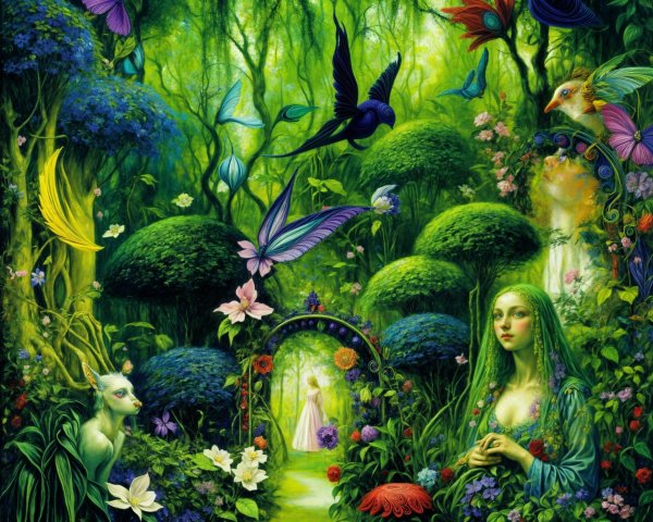 Enchanted forest with vibrant flora and serene figure