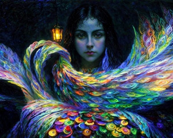 Mystical Woman in Vibrant Peacock-Inspired Garment