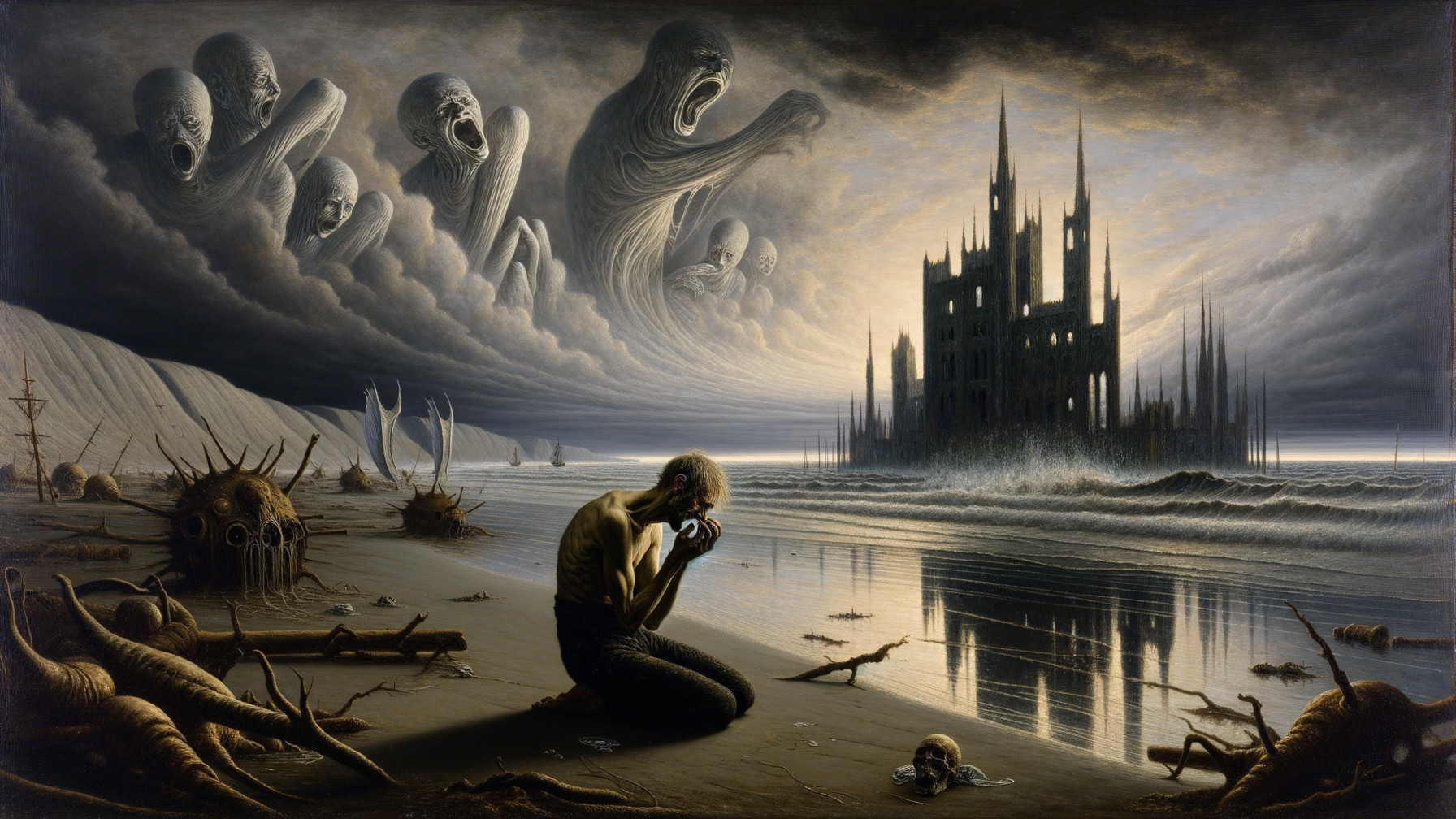 Haunting Coastal Scene with Despairing Figure and Castle