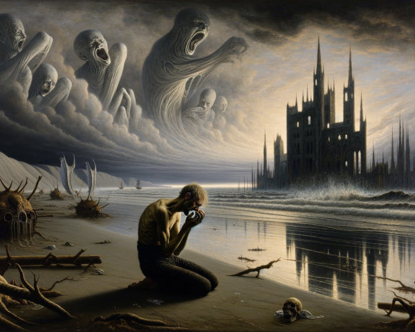 Haunting Coastal Scene with Despairing Figure and Castle