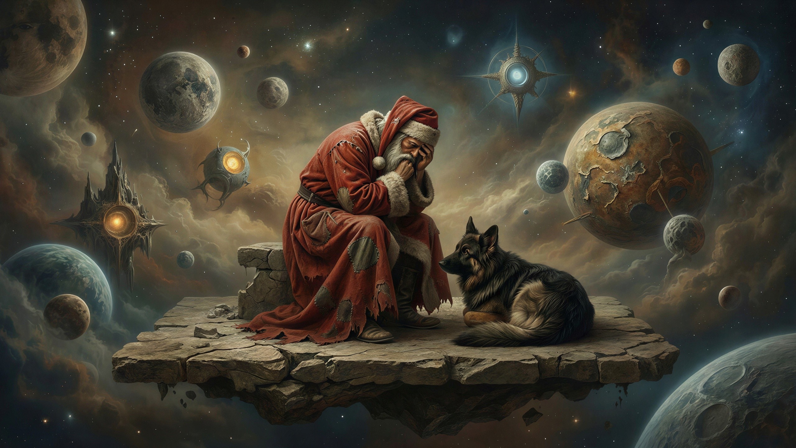 Santa Claus in Tattered Suit on Celestial Platform