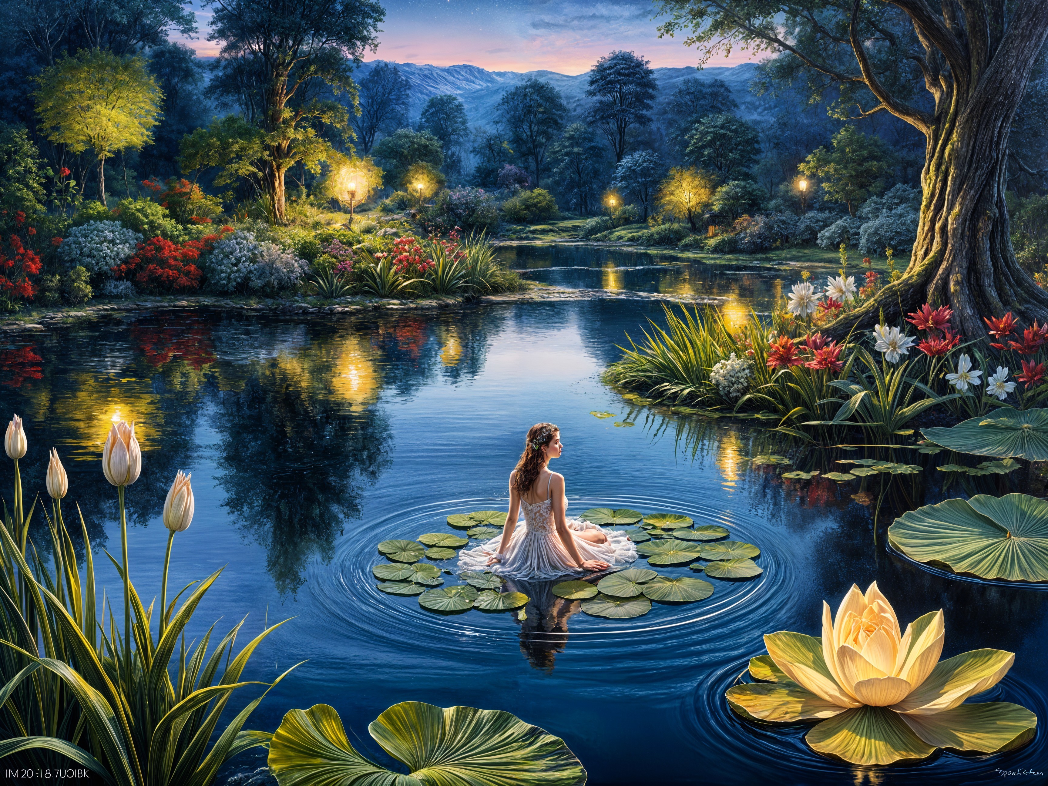 Twilight Scene of a Tranquil Pond with Lush Greenery